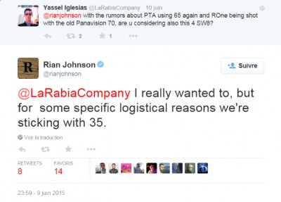 Rian Johnson sur Twitter - -@LaRabiaCompany I really wanted to, but for some specific logistical reasons we're sticking with 35 -.jpg