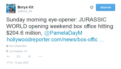 Borys Kit sur Twitter - -Sunday morning eye-opener- JURASSIC WORLD opening weekend box office hitting $204.6 million, @PamelaDayM http---t.co-c6p1g93yCl- 2015-06-14 16-15-46.png