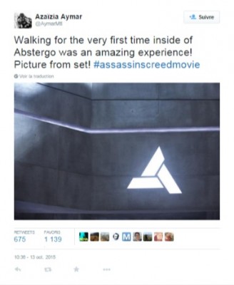 Azaïzia Aymar sur Twitter - -Walking for the very first time inside of Abstergo was an amazing experience! Picture from set! #assassinscreedmovie.jpg