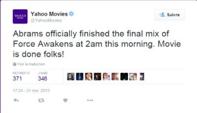 Yahoo Movies sur Twitter - -Abrams officially finished the final mix of Force Awakens at 2am this morning  Movie is done folks!-.jpg