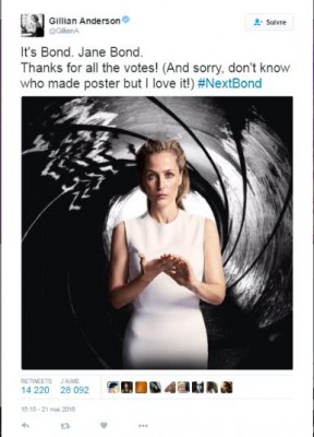 Gillian Anderson sur Twitter - -It's Bond  Jane Bond. Thanks for all the votes! (And sorry, don't know who made poster but I love it!) #NextBond https---t.co-f8GC4ZuFgL-.jpg