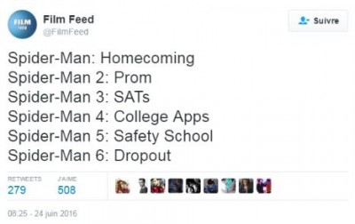 Film Feed sur Twitter - -Spider-Man- Homecoming Spider-Man 2- Prom Spider-Man 3- SATs Spider-Man 4- College Apps Spider-Man 5- Safety School Spider-Man 6- Dropout-.jpg