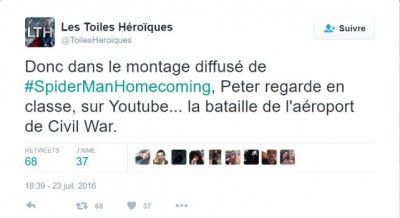 Les Toiles Héroïques sur Twitter - -Donc dans le montage diffusé de #SpiderManHomecoming, Peter regarde en classe, sur Youtube .. la bataille de l'aéroport de Civil War.-.jpg