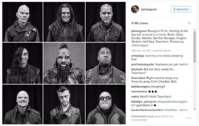 James Gunn sur Instagram - Ravagers R Us, starting at the top left, around in a circle- Brahl, Oblo, Scrote, Narblik, Gef the Ravager, Kraglin, Wretch, Half-Nut, Taserface  Photos by @steveagee.jpg