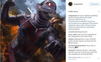 Andy Park sur Instagram - An early keyframe painting I did for #CaptainAmericaCivilWar #Antman #Giantman vs  #CaptainAmerica Whaa-- #keyframe #conceptart #conceptdesign #illustration #digitalart .jpg