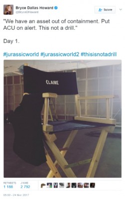 Bryce Dallas Howard sur Twitter - --We have an asset out of containment  Put ACU on alert. This not a drill.- Day 1. #jurassicworld #jurassicworld2 #thisisnotadrill https---t.co-Rend3l0PxZ-.jpg