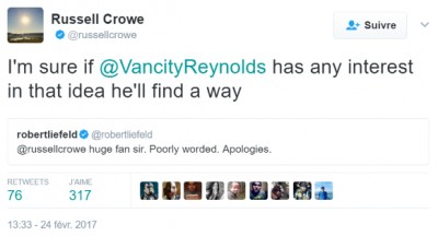 Russell Crowe sur Twitter - -I'm sure if @VancityReynolds has any interest in that idea he'll find a way https---t co-KFUC6fIxjS-.jpg