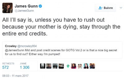 James Gunn sur Twitter - -All I’ll say is, unless you have to rush out because your mother is dying, stay through the entire end credits  https---t.co-c58nzDeCnp-.jpg