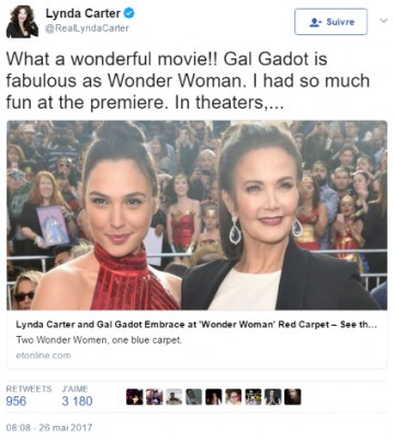 Lynda Carter sur Twitter - -What a wonderful movie!! Gal Gadot is fabulous as Wonder Woman.jpg