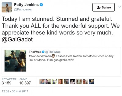 Patty Jenkins sur Twitter - -Today I am stunned  Stunned and grateful. Thank you ALL for the wonderful support. We appreciate these kind words so very much. @GalGadot https---t.co-lRXLApQzAH-.jpg