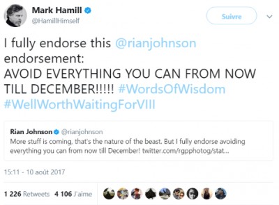Mark Hamill sur Twitter - -I fully endorse this @rianjohnson endorsement- AVOID EVERYTHING YOU CAN FROM NOW TILL DECEMBER!!!!!.jpg