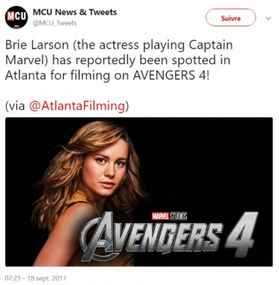 Brie Larson (the actress playing Captain Marvel) has reportedly been spotted in Atlanta for filming on AVENGERS 4.jpg