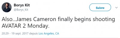 Borys Kit sur Twitter - -Also ..James Cameron finally begins shooting AVATAR 2 Monday.-.jpg