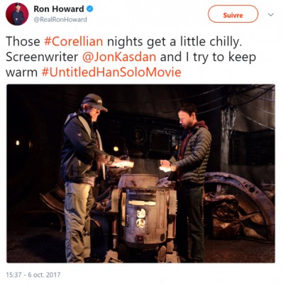 Ron Howard sur Twitter - -Those #Corellian nights get a little chilly  Screenwriter @JonKasdan and I try to keep warm #UntitledHanSoloMovie https---t.co-3FnUnY8dxo-.jpg