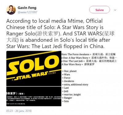 Gavin Feng sur Twitter _ _According to local media Mtime, Official Chinese title of Solo_ A Star Wars Story is Ranger Solo.jpg