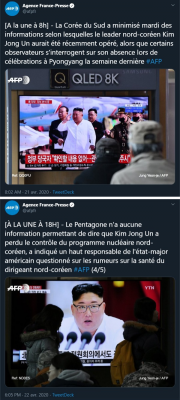 Agence France-Presse sur Twitter- A la une à 8h - La Corée du Sud a minimisé mardi des informations selon lesquelles le leader nord-coréen Kim Jong Un aurait été récemment opéré.png